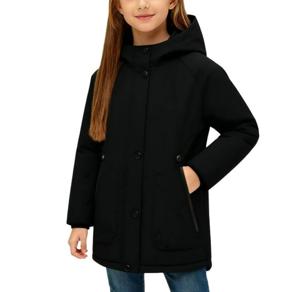 SERTG Girls Solid Color Mid Length Hooded Coat Winter Proof Long Sleeve Thermal Comfortable Outerwear for Kids 5-16 Years(Black,6-7 Years)