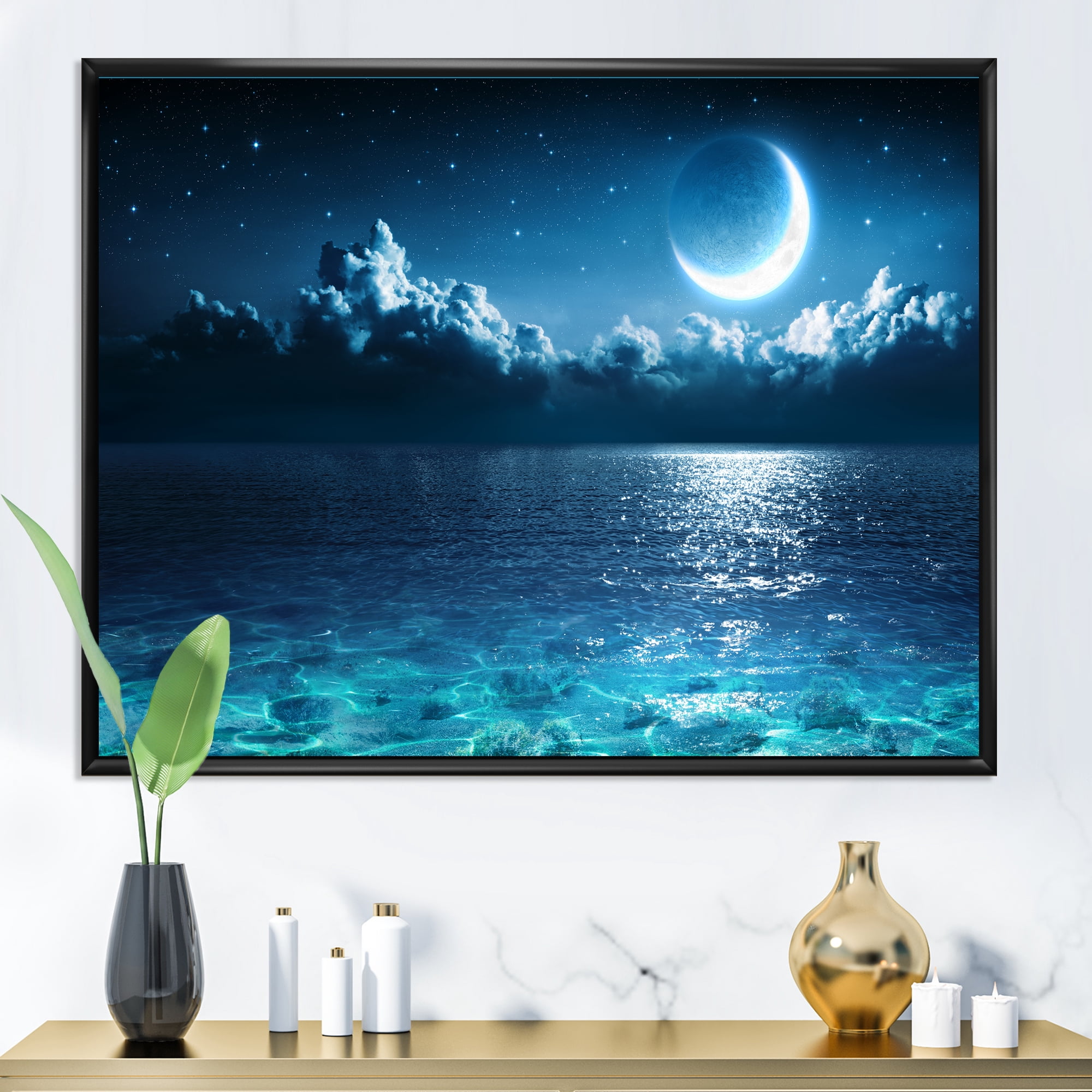 Designart 'Romantic Moon and Clouds Over Deep Blue Sea I' Nautical & Coastal Framed Canvas Wall Art Print