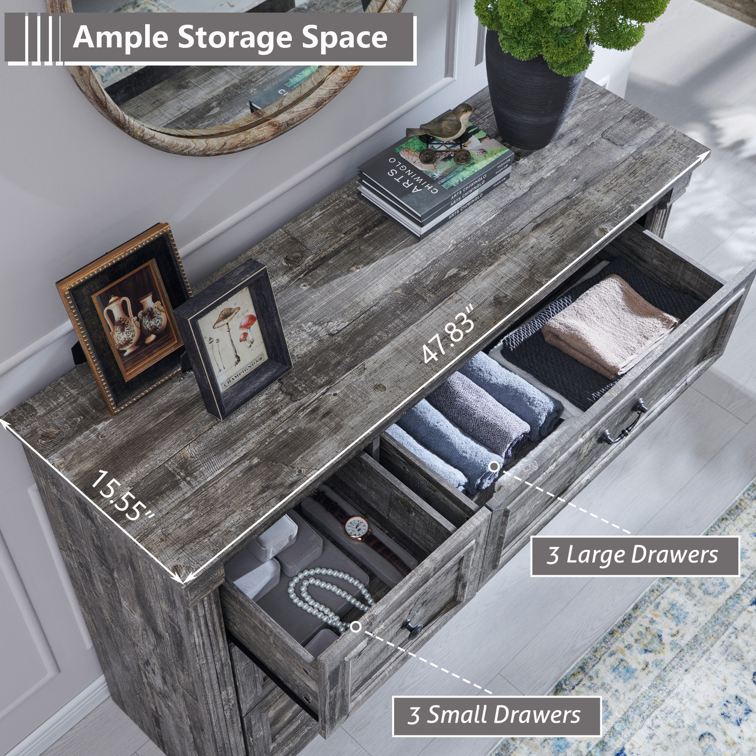 wow97e Farmhouse 6 Drawers Dresser for Bedroom, 48" Wide Wooden Chest of Drawers w/Roman Column, Storage Dressers for Hallway, Living Room