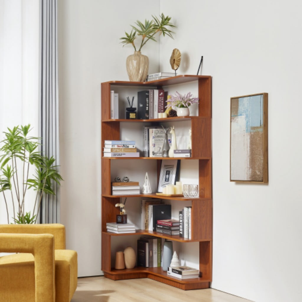 5-Tier L-Shaped Corner Bookshelf, 35.43" Freestanding Wooden Bookcase with Anti-Drop Panels & Anti-Tip Device, Open Display Storage for Living Room, Bedroom & Home Office, Dark Oak
