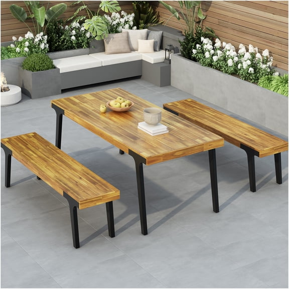JERFIT 6-Person Outdoor Dining Table Set with Benches, Acacia Wood Patio Table for Garden, Backyard, Light Teak
