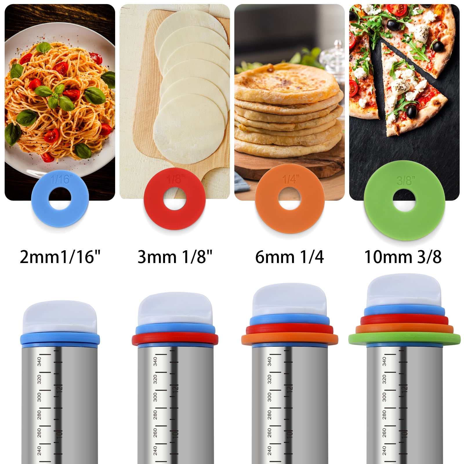 Mirdinner Stainless Steel Rolling Pin, Dough Roller with Silicone Removable Rings, Baking Mat and Bench Scraper, Bake Tools for Cooking Pizza Pie Cookies Pastries