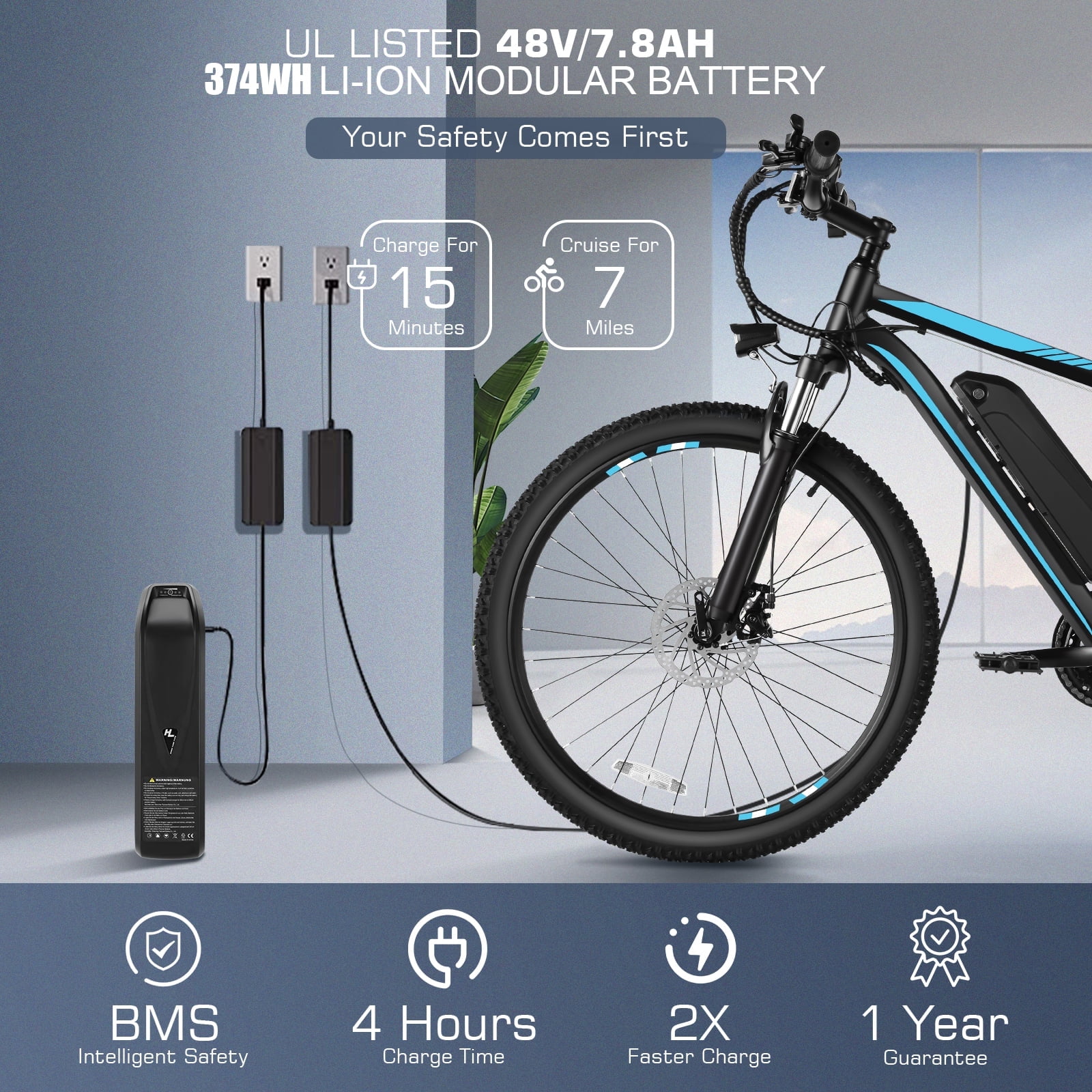 Elifine 500W Electric Bike 26" Electric Bike for Adults, 20mph Electric Mountain Bicycle, 48V Removable Battery Commuter Ebike, Adjustable 21-Speed Gears, Aluminum Alloy Frame UL 2849 Certified Blue