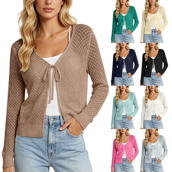 VJGBEGW Womens Fashion Cardigan Casucal Tie Front Shrugs Sweaters Tops Long Sleeve Knit Cropped Cardigans Tops Beige L
