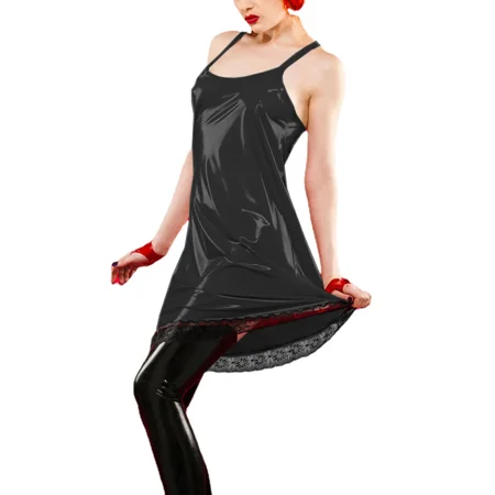Night Party Sexy PVC Leather Spaghetti Strap A-line Dress Women Lingerie Female Sleeveless Sling Pajamas