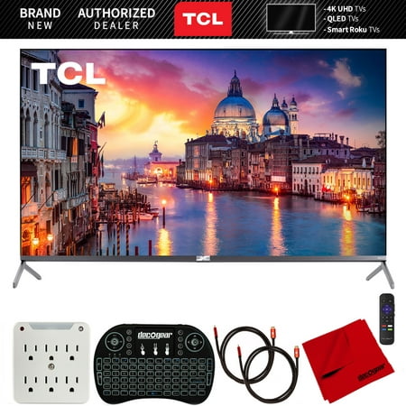TCL 55R625 55-inch 6-Series 4K QLED UHD HDR Roku Smart TV (2019) Bundle with 2x Deco Gear HDMI Cable, Wireless Keyboard, Microfiber Cleaning Cloth and 6-Outlet Surge Adapter with Night Light