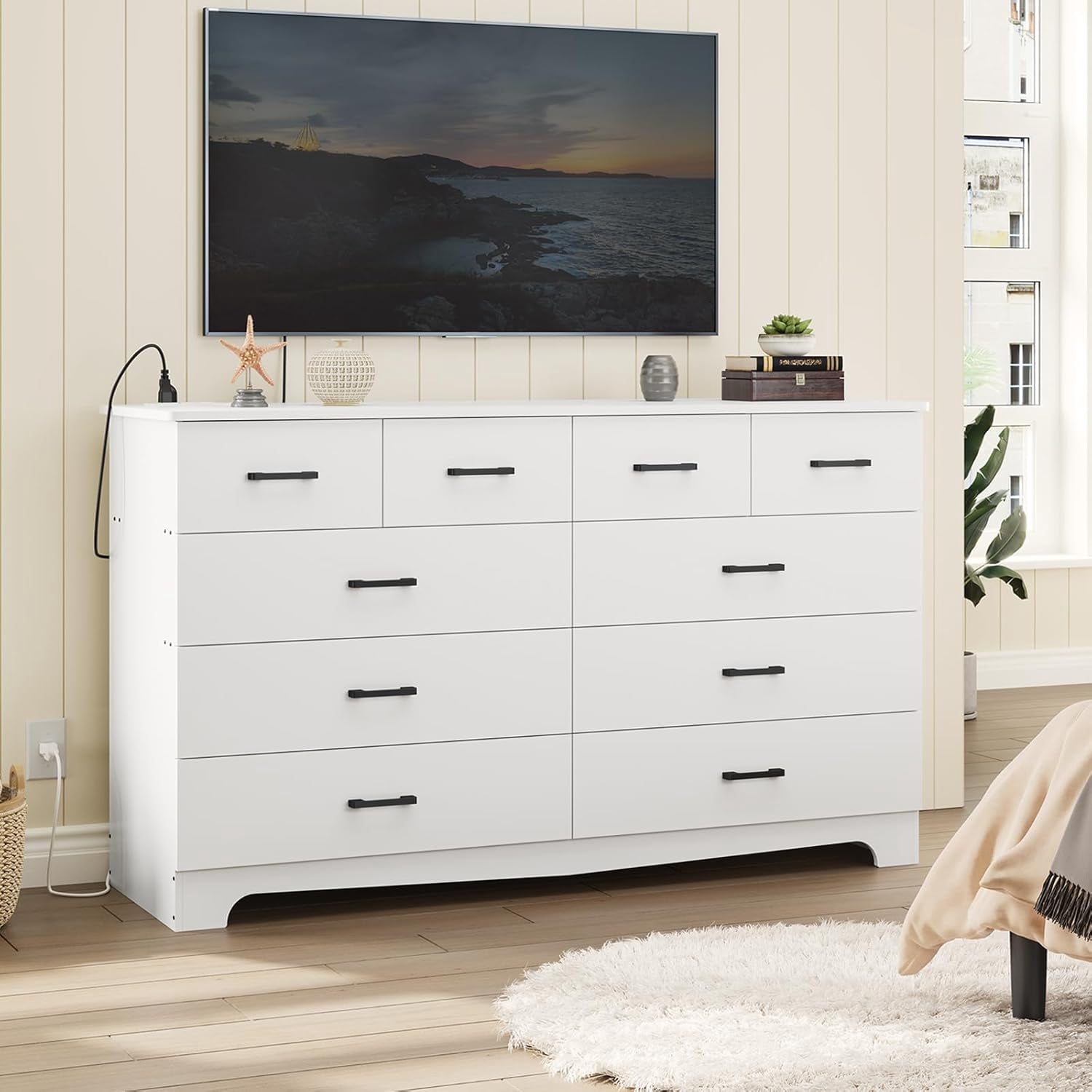 White Dresser for Bedroom 10 Drawers Dresser & Chest of Drawers with Power Outlets, Modern Wood Storage Cabinets & TV Stand for Living Room Hallway