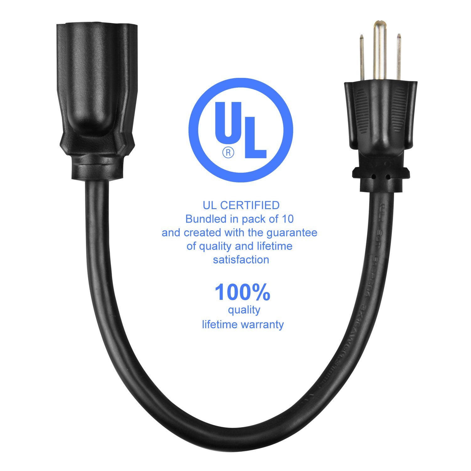 UL Listed 16AWG/13A 3 Prong 10 Pack, Black, 8 Inch Miady Short Power