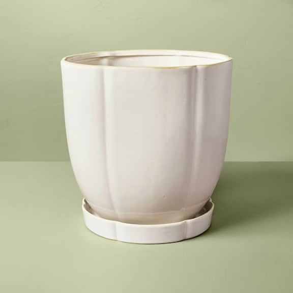 Stoneware Indoor/Outdoor Planter Pot with Saucer, Round Ceramic Design, 11.25 x 11.25 x 11 in, Cream