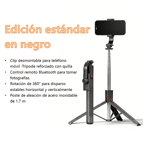 Palo Selfie Trípode con Control Remoto Bluetooth, Altura 1.7 m, Soporte para Móvil con Luz LED, Compatible con Apple y Android