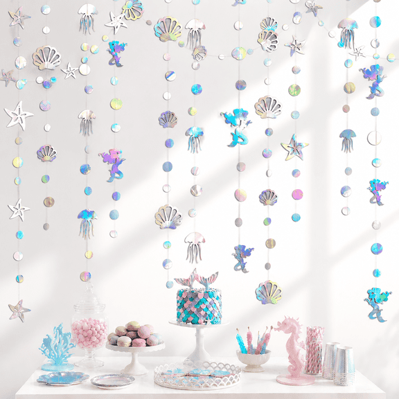 4-Pack Mermaid Garland Decor 52ft, Holographic Paper Streamer with Seashell Jellyfish, Under the Sea Party Backdrop for Kids Birthday.