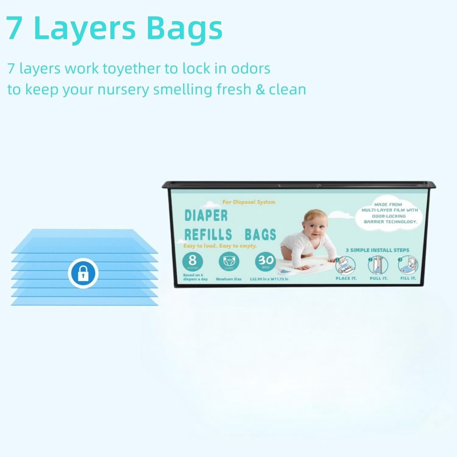 Diaper Pail Refills Bags with 30 Bags Compatible with Genie Easy Roll Signature and Platinum Diaper Pails, 7-Layer Odor-Barrier Technology-6 Packs