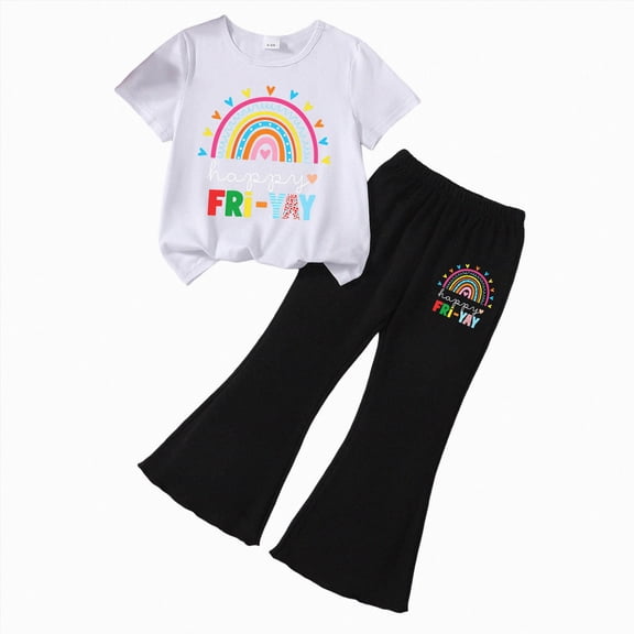 mgoYE Little Girls Clothes Girls' Summer 2-Piece Fall Outfit Set Embellished Short-Sleeve Top Flared Pants for School Kids 2-3 Years