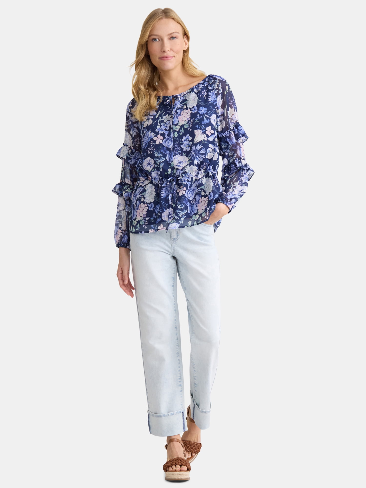 The Pioneer Woman Floral Print Blouse with Ruffle Sleeves, Sizes S-3XL, Women’s