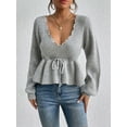 thumbnail image 2 of Women's Spring Autumn Knit Tops Solid Color Long Sleeve Drawstring Waist Knitwear, 2 of 9