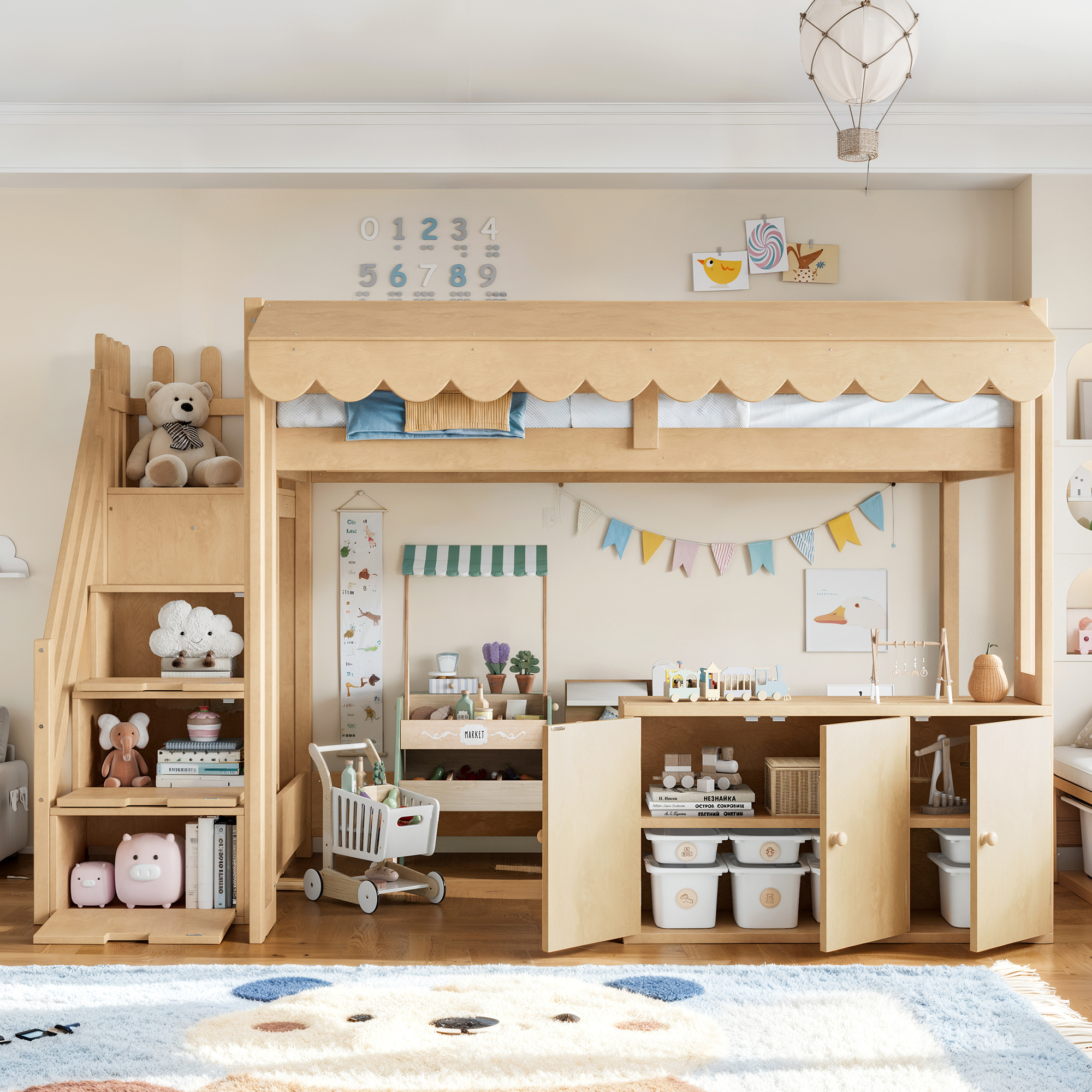 Leumius Twin over Twin Size Playhouse Loft Bed with Storage Stairs, Solid Wood Loft Bed with Pretend Convenience Store Counter, Convertible Underbed Space for Sleep or Play Natural