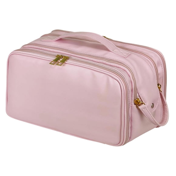 Bolsa organizadora de artículos de tocador de viaje, bolsa de almacenamiento portátil de doble apertura lateral con portaescobillas, espaciosas bolsas Rosa