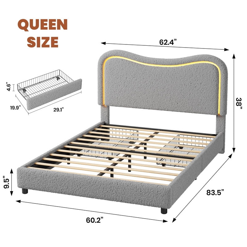 Kicctian Queen size Boucle Bed Frame with LED Headboard & 2 Storage Drawers - Upholstered Platform, Solid Wood Slats,Gray