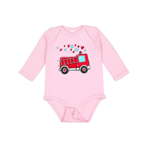 Inktastic Valentine Fire Truck with Hearts Boys or Girls Long Sleeve Baby Bodysuit