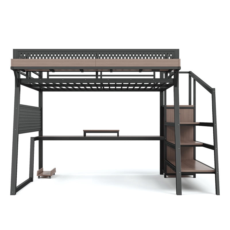 Queen Size Teens Loft Bed with Storage Stairs & Wardrobe, Metal Gaming Bed Frame with Pegboard, LED Lights & Power Outlet