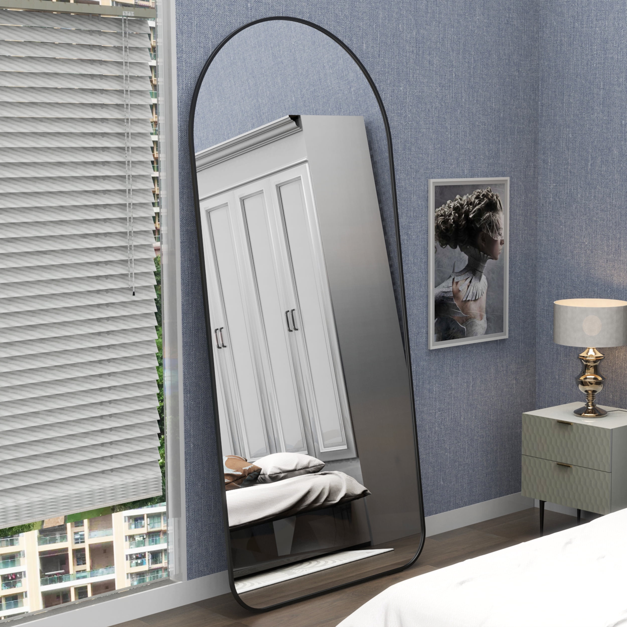 Full Length Floor Mirror with Arch Design and Metal Frame, High Definition Silver Mirror with Shockproof Packaging, Standing Mirror for Bedroom, 71"x32"