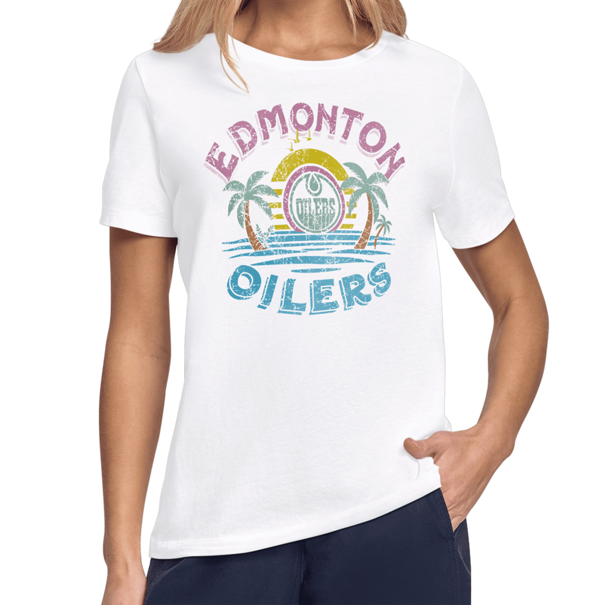 Women's Starter White Edmonton Oilers Tonal Beach T-Shirt