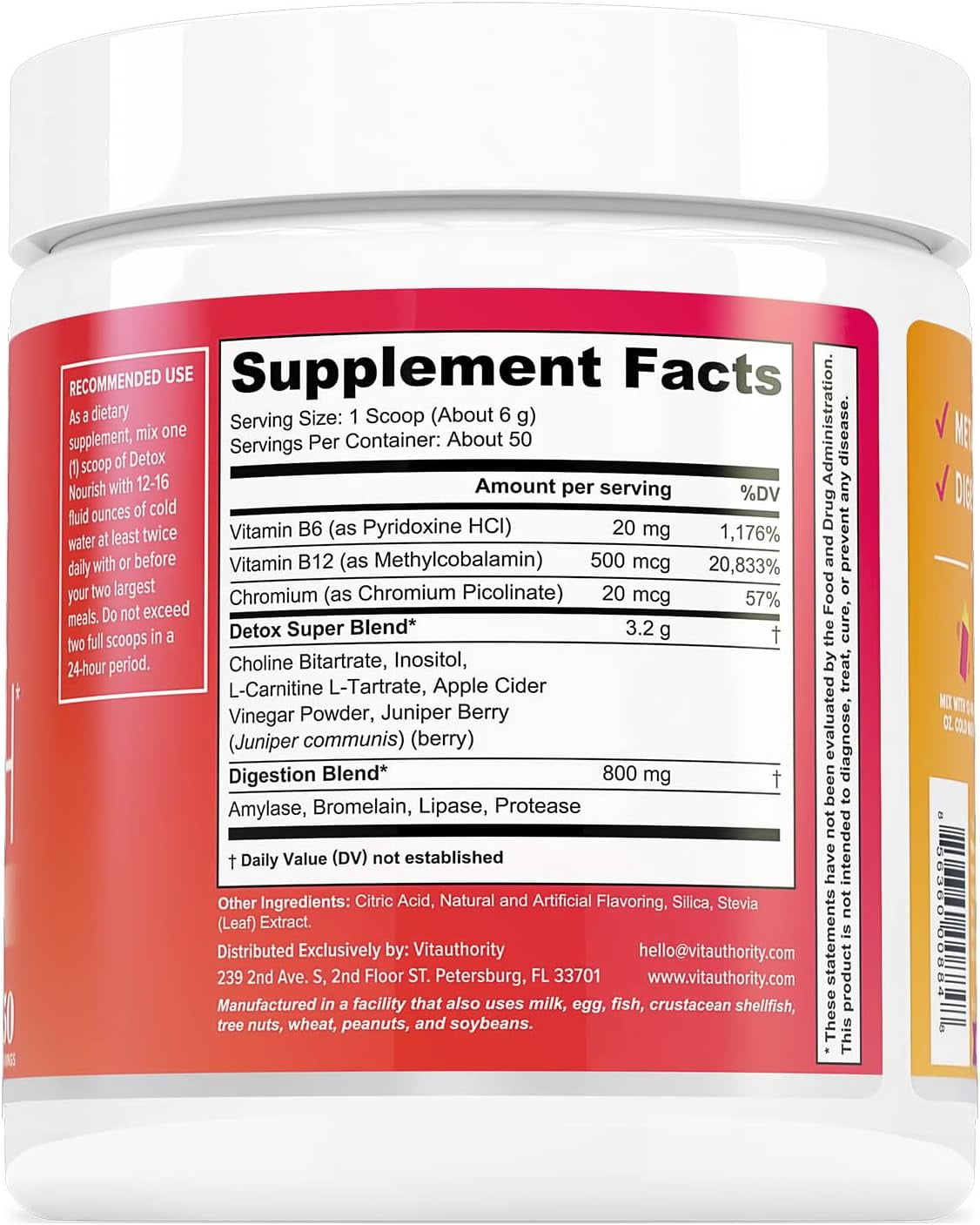 Vitauthority Detox Nourish Dietary Supplement Powder, Metabolism Support & Digestion Aid, Orange Pineapple, 10.9 oz