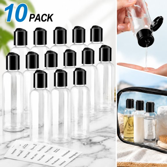 10-Pack Travel Bottles Set - 3.4 oz / 100ml Clear Leakproof Plastic Containers for Shampoo, Lotion, Toiletries
