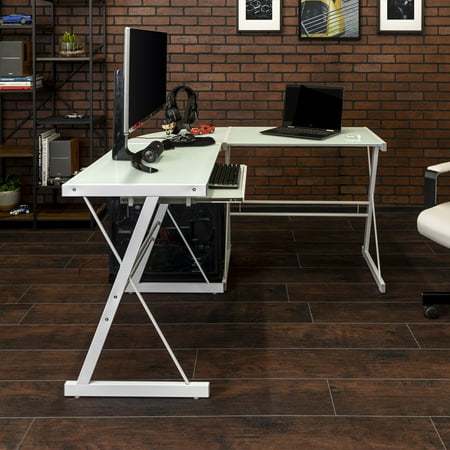 Modern Glass and Metal White L-Shaped Corner Computer Desk by Manor Park