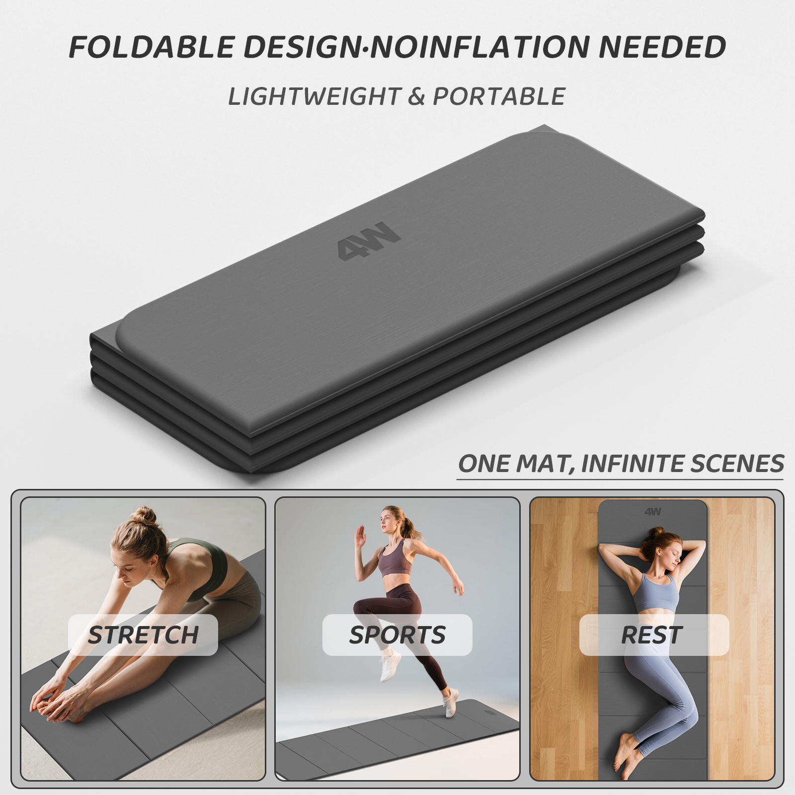 4W Foldable Yoga Mat 8mm Thick, TPE Non-Slip Fitness Mats, 3-in-1 for Yoga/Step Stool/Meditation, Quick Storage No Curling(Gray)