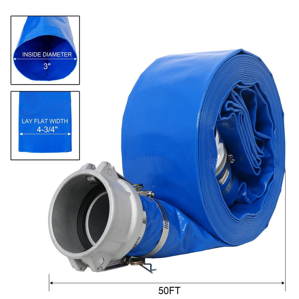 YYAo Lay Flat Water Discharge Hose,3"x50FT Pool Backwash Hose, Heavy Duty Reinforced Blue PVC Lay Flat Water Discharge Pump Hoses with Aluminum Camlock C and E Fittings