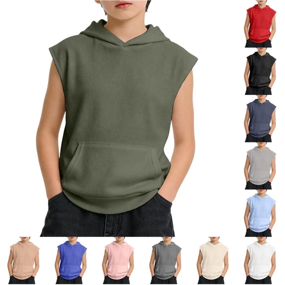Byoo Toddler Boy's Comfy Hoodie Athletic Solid Color Sleeveless Pullover Hooded T Shirts