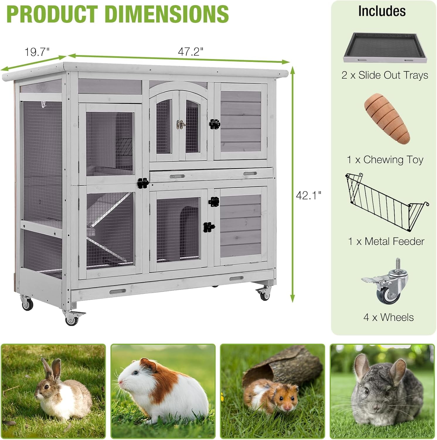 MEDEHOO Guinea Pig Cage 2 Story Indoor Rabbit Hutch Outdoor Bunny House with Wheels and Leakproof Tray