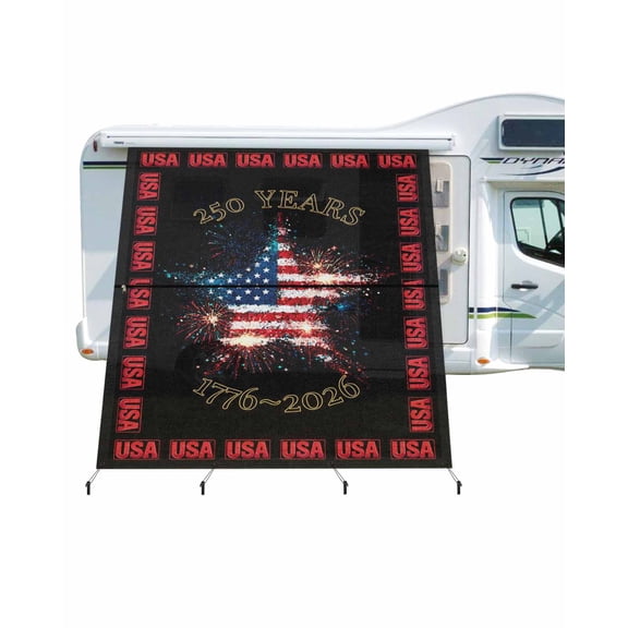4th of July RV Awning Sun Shade Screen 9'X7' 250 Years USA Mesh Sunscreen Patriotic Star Fireworks Awning Shade Screen with Zipper UV Blocker Completed Kits Outdoor Canopy for RV Motorhome Camper