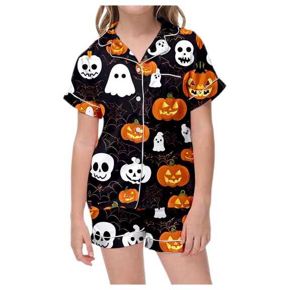Halloween Pajamas Kids Size 5-6 Years Nightwear Full Print Short Sleeve Top with Elastic Shorts Soft Pjs for Girls Black