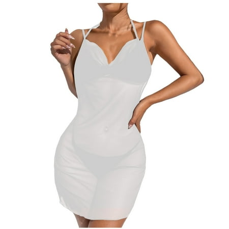 

EHTMSAK Mesh Lingerie for Women Sleepwear See Through Sexy Strap Lingerie Halter Teddy Chemise White L