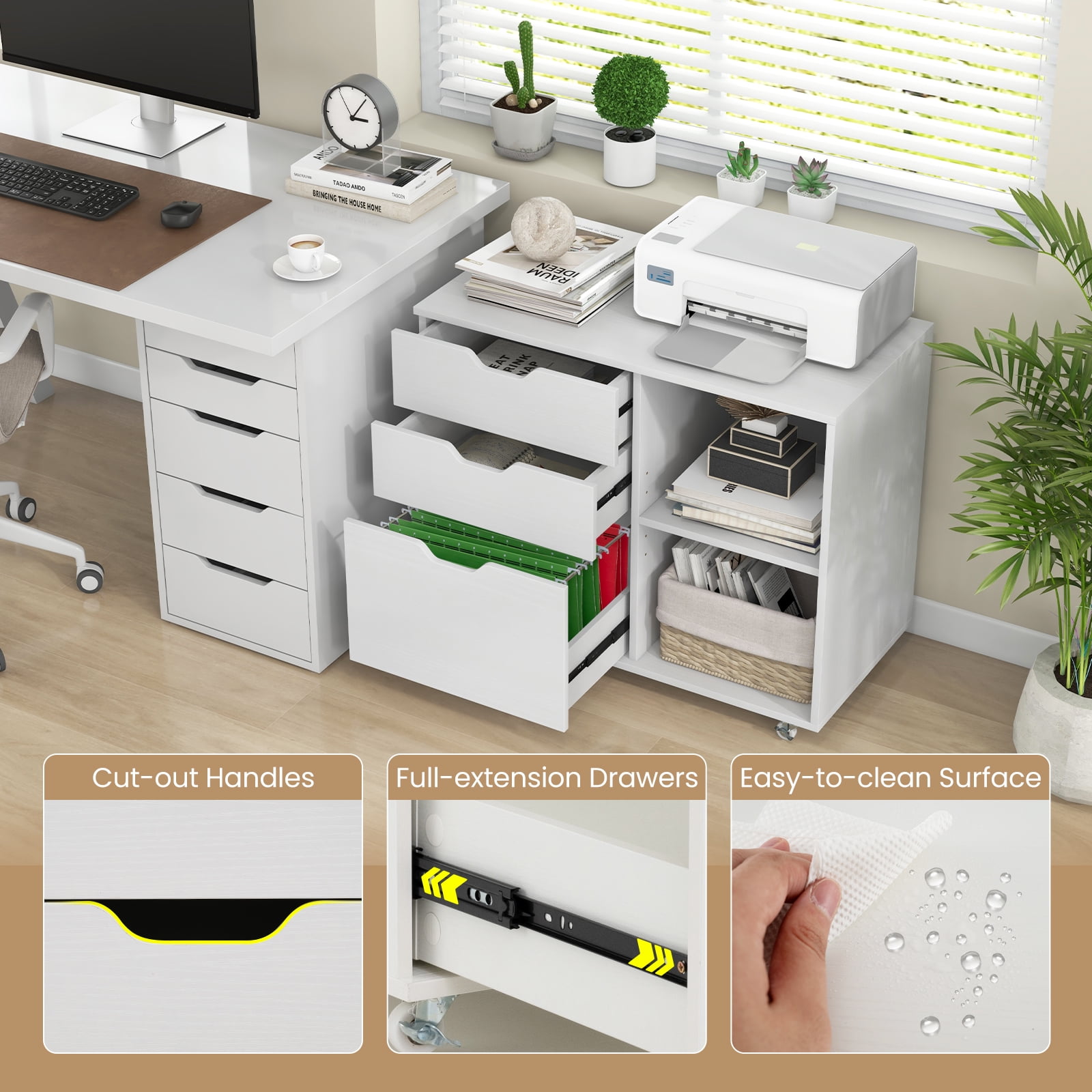 Giantex Rolling File Cabinet, Lateral Filing Cabinet w/Open Storage Shelves, Under Desk Storage Organizer, Mobile Printer Stand, White