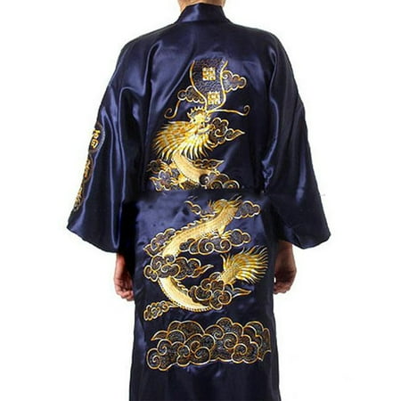 

Men s Chinese Style Big Dragon Embroidery Simulation Silk Bathrobe Pajamas