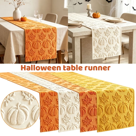 Ktlvex Halloween Pumpkin Table Runner 3D Embossed Pumpkin Maple Leaf Table Decor Soft Fabric Harvest Fall Table Runner for Dining Table Holiday Party Decorations (Saffron)