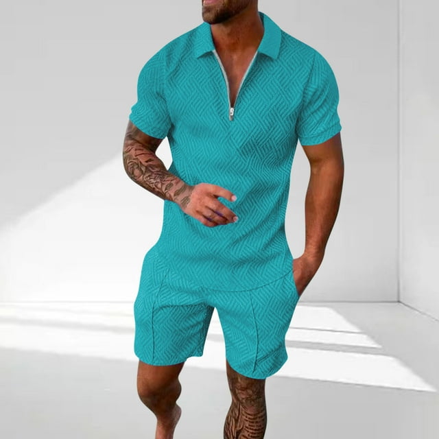 NTACZA Shorts Set Men Texured Athletic Short Sleeve Tracksuits Quarter Zip Men's Elastic Waist Sweatsuits 2X