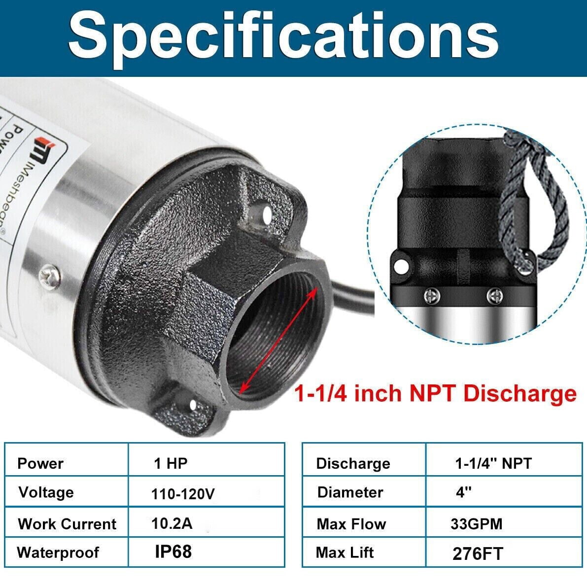 iMeshbean Deep Submersible Well Pump 1HP 33GPM 276ft Head with 100ft Electric Cable,110V 1-1/4" NPT Stainless Steel Water Pump 4" Water Pumps for Industrial, Irrigation and Home Use
