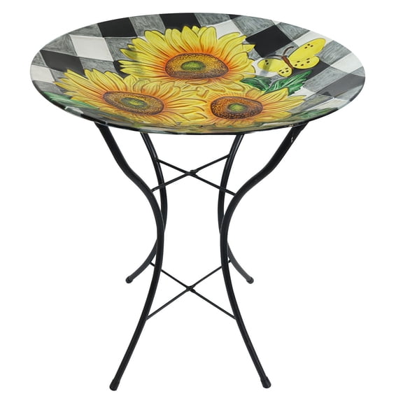 Briarwood Lane Glass Birdbath Including Metal Stand Checkered Sunflowers Summer For Summer Birdbath