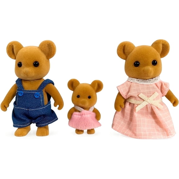 OLEOCA Family Brown Mouse Figures — Set of 3 Collectible Flocked Mini Dolls with Removable Clothes, Miniature Dollhouse Pretend Play Figures for Kids Ages 3 