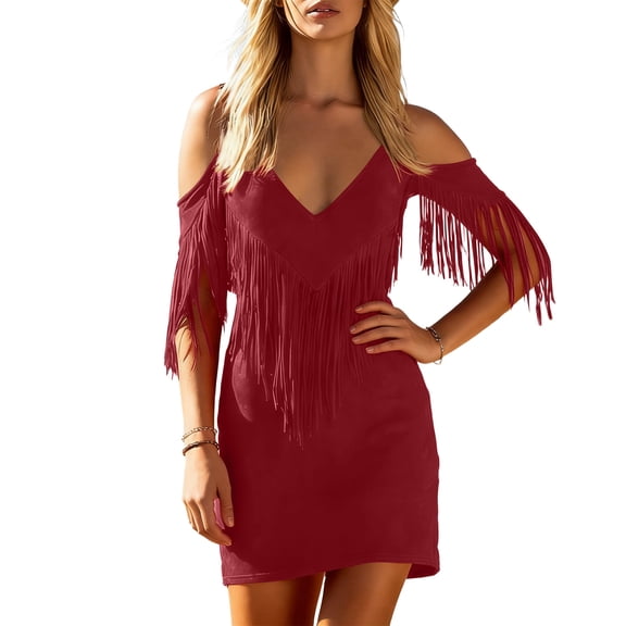 Purcolt Women's Mini Dresses Vintage Boho Fringe Off Shoulder V Neck Short Sleeve Dresses Comfort Slim Fit Tunic A-Linen Dress Streetwear