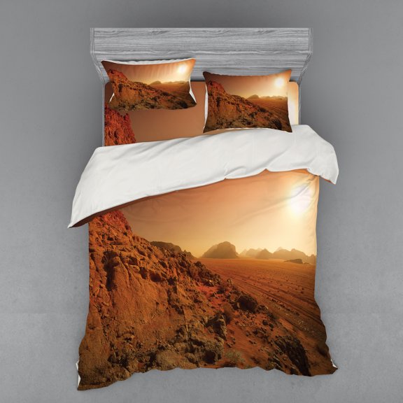 Ambesonne Galaxy Bedding Set 4 Pcs, Space Clash Landscape, Queen, Brown Yellow