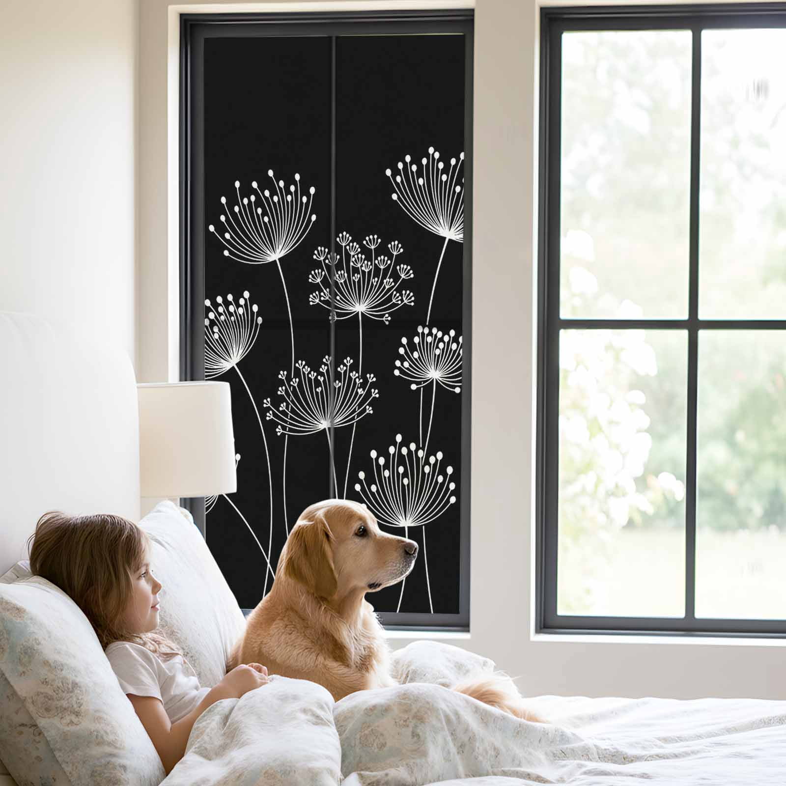 Spring Dandelion Window Privacy Film, Modern Country Flower Black White Static Cling UV Sun Blocking Tint Film Heat Control Windows Films for Bedroom Bathroom, Window Stickers 23.6"x59"