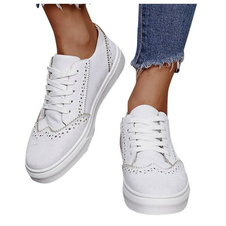 

Zizocwa Casual Platform Casual Shoes for Women Breathable Lace-Up Pu Leather Low Top Sneakers Non Slip Comfortable Walking Shoes White Size7.5