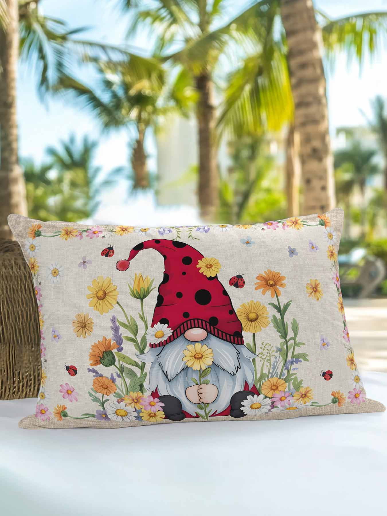 Outdoor Pillows Waterproof, Daisy Gnomes Bedding Throw Pillows with Insert for Couch Sofa Bed, Farmhouse Pastoral Garden Floral Burlap 12x20 Inch Pillowcases Decorative Camping Patio Pillow Set of 1