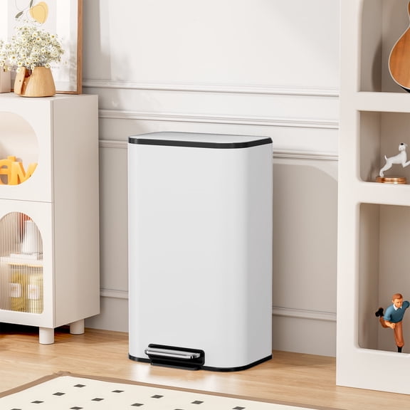 Pirecart 13.2 Gal Trash Can, Large Capacity Kitchen Grabage Can with Soft Lid & Pedal, Stainless Steel Trash Can with Removable Inner Bucket, Handles, White