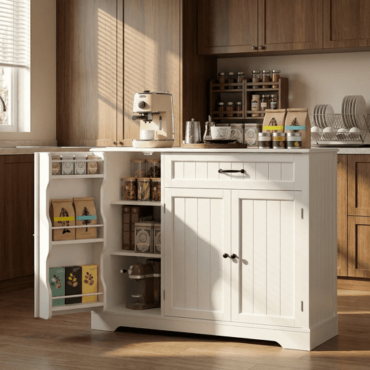 Aiho 42” Coffee Bar Cabinet with Storage, Kitchen Storage Cabinet, Sideboard Buffet Cabinet with 8 Shelves, 1 Drawer - White